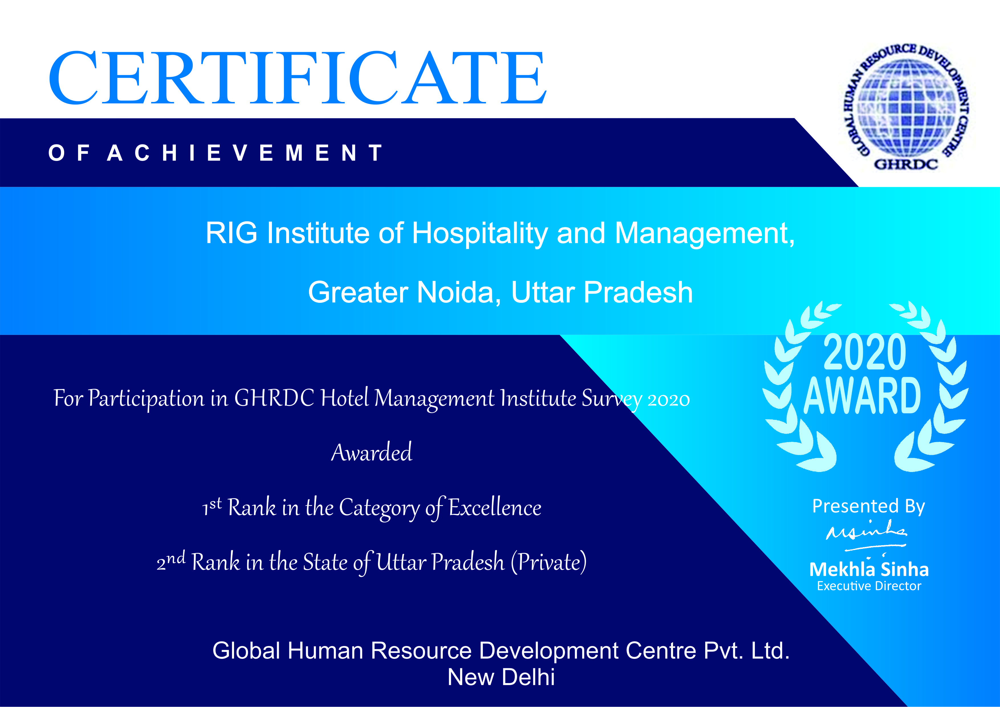 RIG ranked 1st in Center of Excellence in HM Institute in India